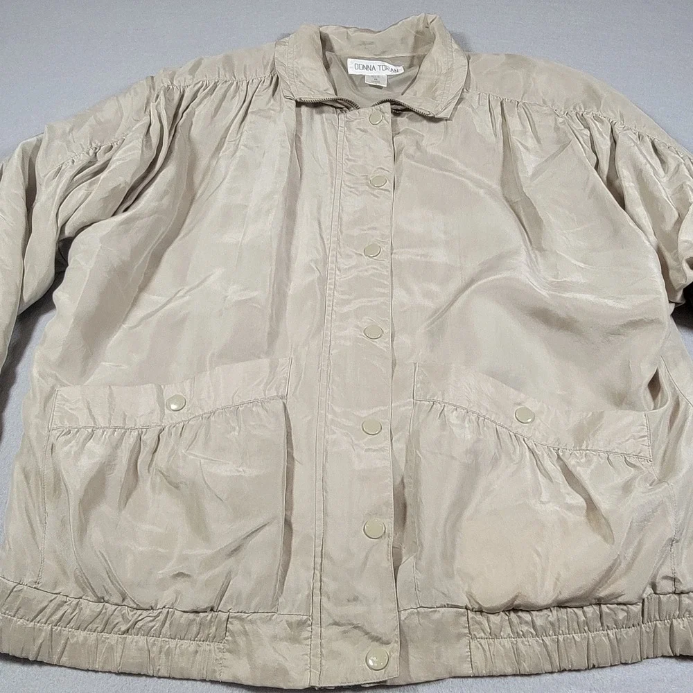 Vintage 80s Donna Toran Silk Jacket Beige Women's‎ Size Medium Shoulder Pads